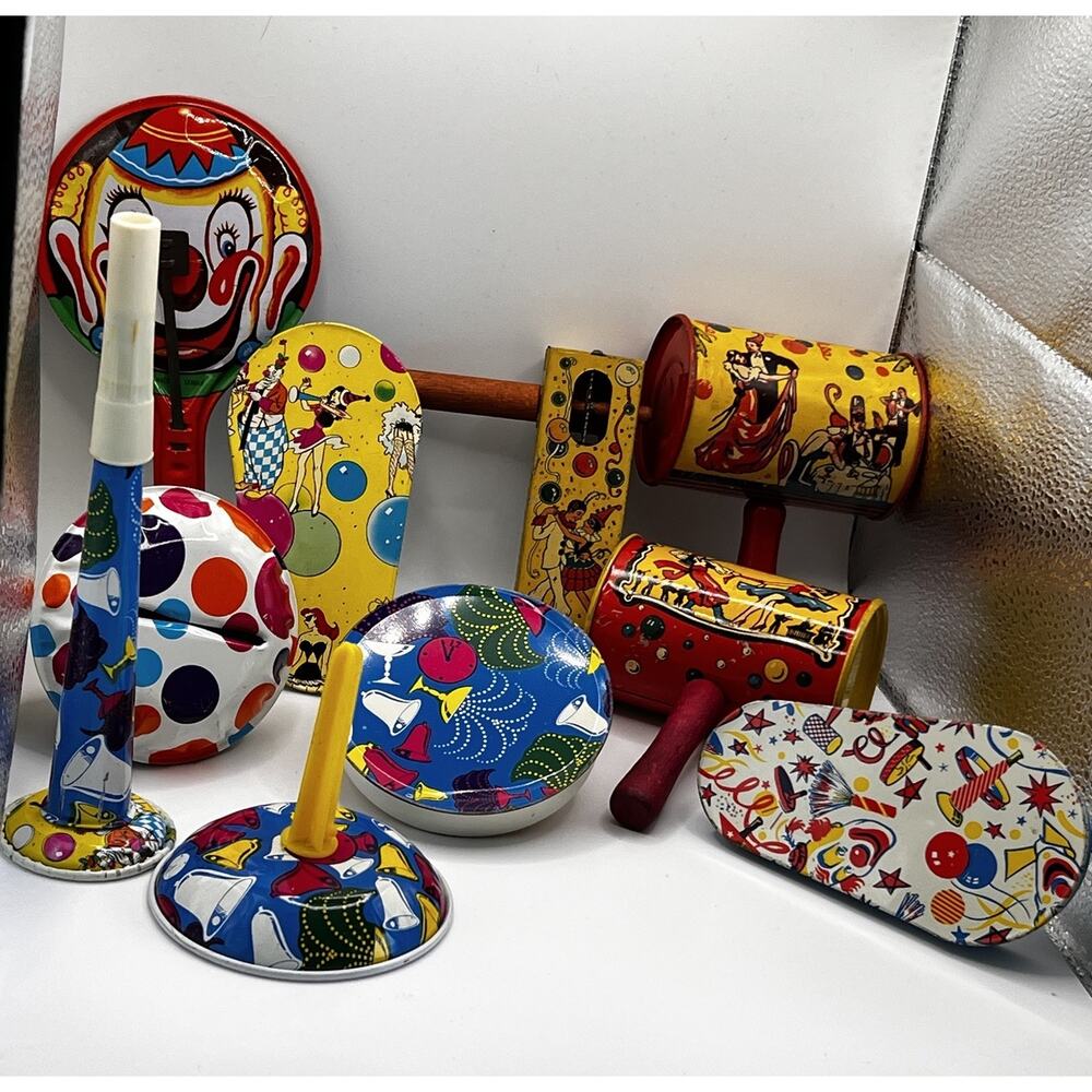 Lot of 10 Vintage Tin Litho Noise Party Maker Wood Handles USA New Yrs Eve Clown